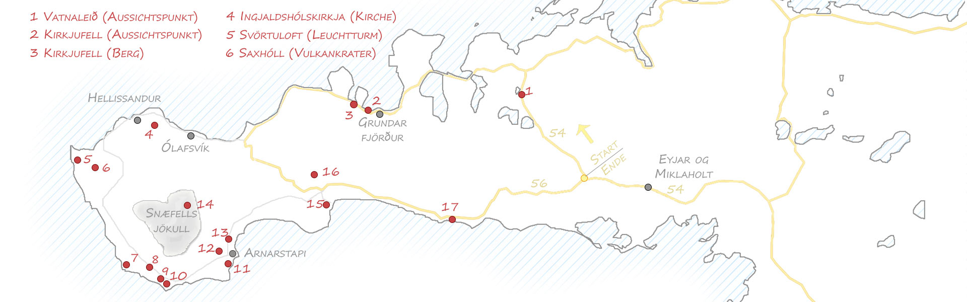 Snæfellsnes - Karte der Highlights im  Nordwesten (Vatnaleið, Kirkjufell, Ingjaldshólskirkja, Svörtuloft, Saxhóll)