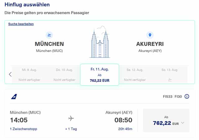 Anreise mit dem Flugzeug zum internationalen Flughafen Keflavik