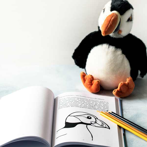 Ein Papageitaucher als Stofftier und davor ein Malbuch und Stifte mit dem Motiv