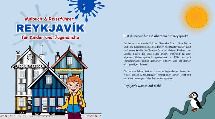 Ein Junge mit Malstiften in der Hand vor bunten Häusern in Reykjavík