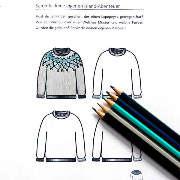 Malbuch mit vier Vorlagen um einen isländischen Pullover zu zeichnen